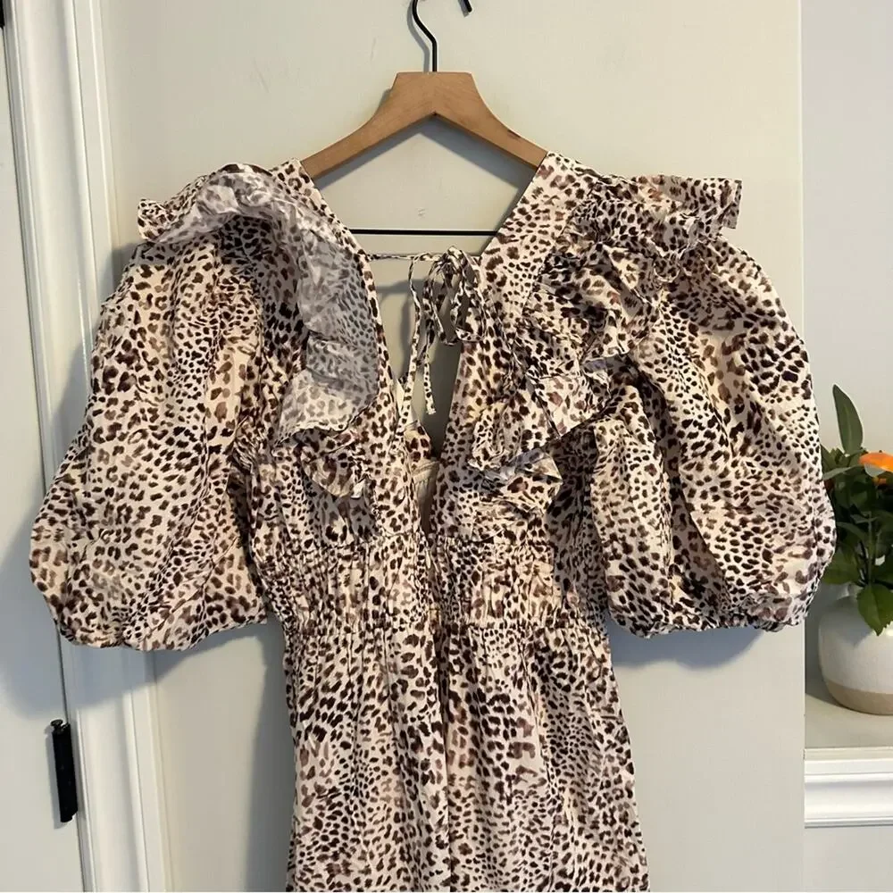 NWT Sea New York White Brown Animal Printed Puff Sleeve Maxi Dress 6